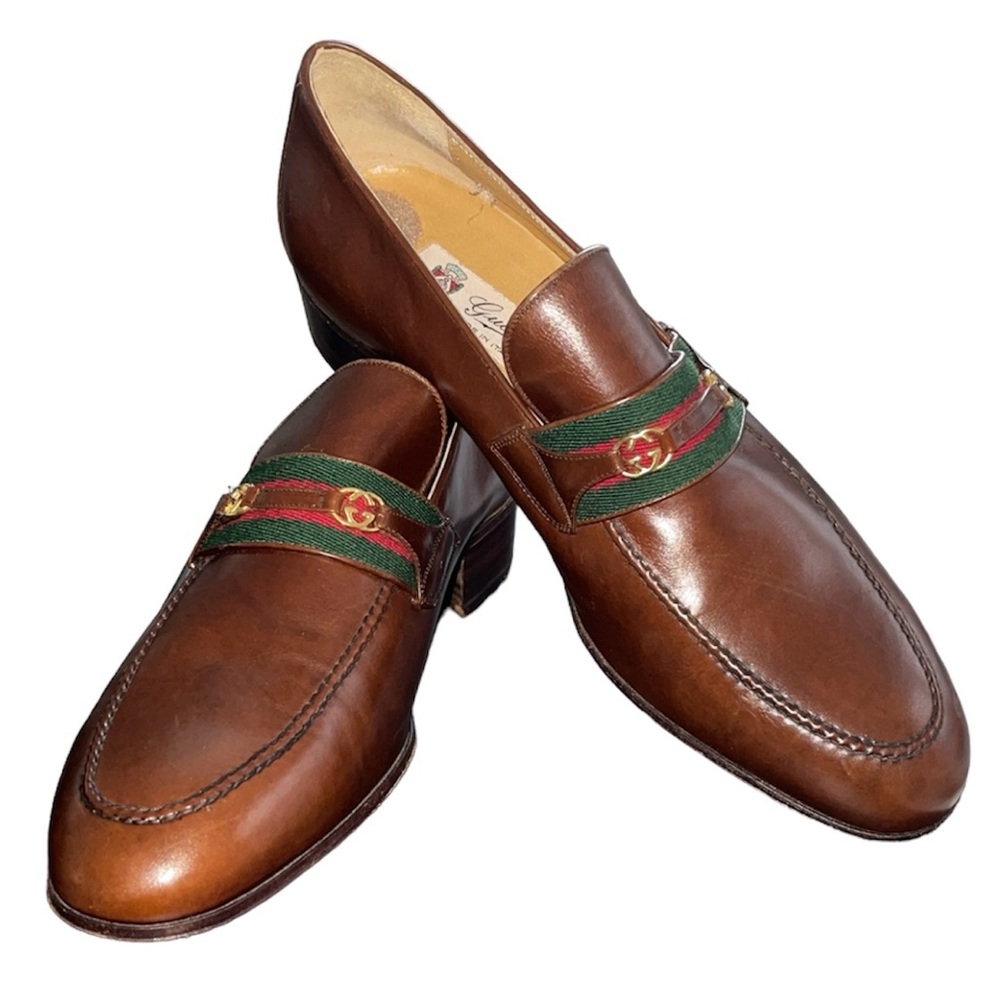 New Gucci Vintage Chocolate Brown Anil Leather GG Web Loafers Size 12.5 (USA)